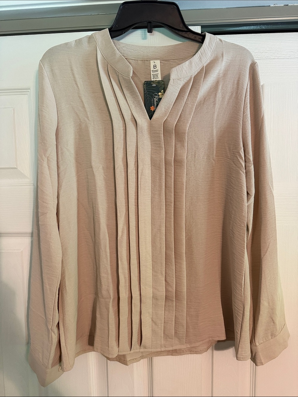 Pleated Taupe Long-Sleeve Blouse - Lightweight V-Neck